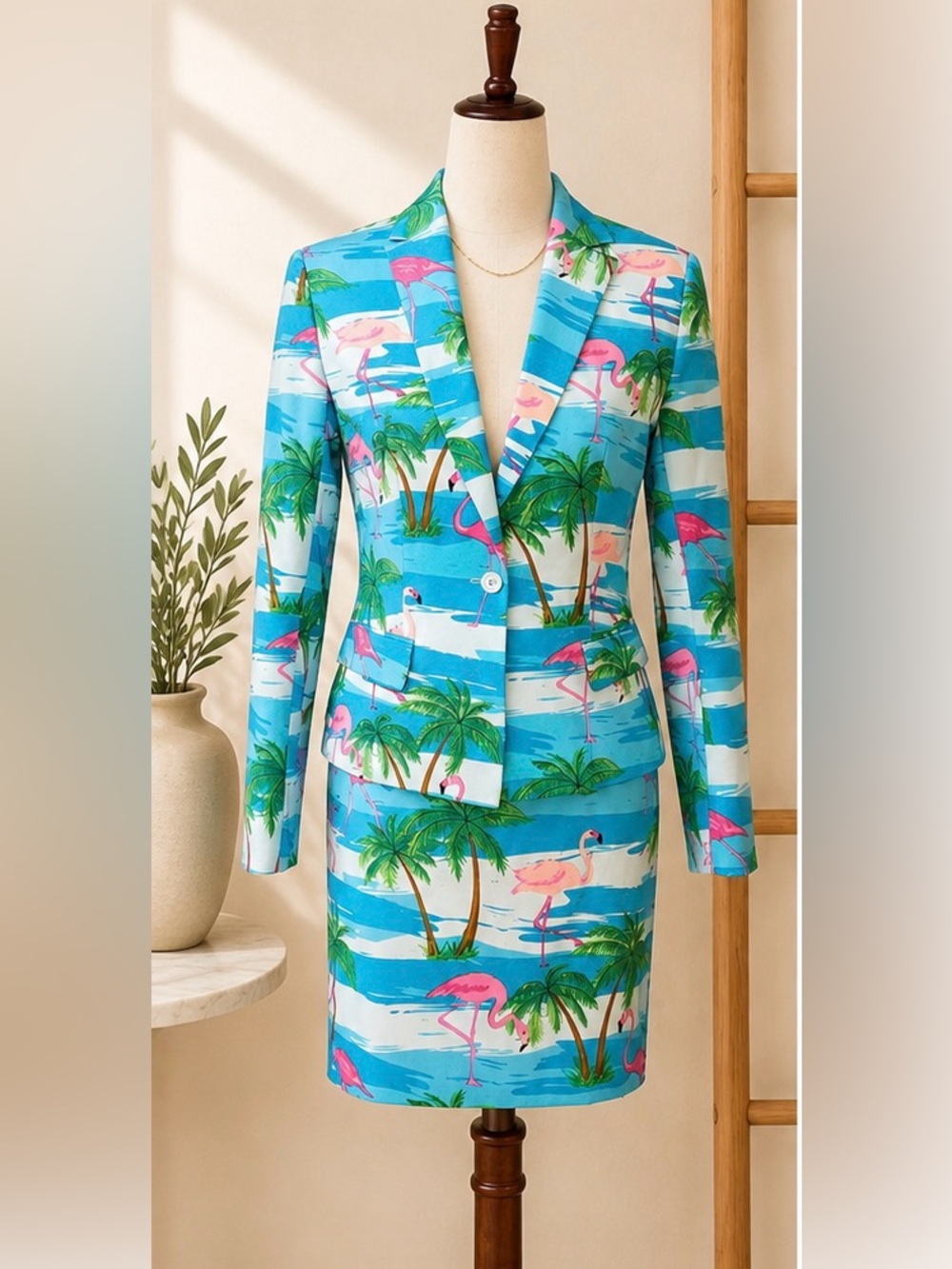 OppoSuits Turquoise Blue Flamingo Palm Print Blazer & Skirt Set | 10